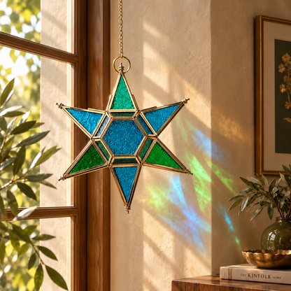 Blue and green stained glass hanging star lantern suspended near a window, casting colorful reflections for luxury indoor home décor.