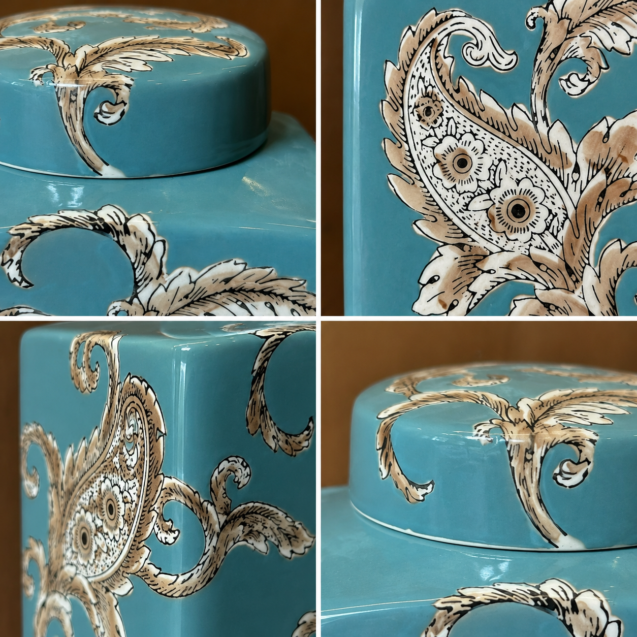 Close-up views highlighting the hand-painted floral artwork, glossy ceramic finish and premium craftsmanship of the blue decorative jar.