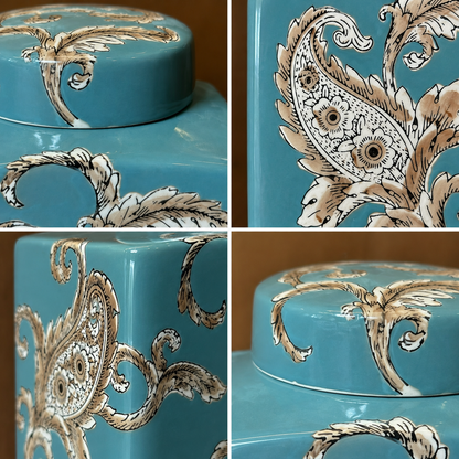 Close-up views highlighting the hand-painted floral artwork, glossy ceramic finish and premium craftsmanship of the blue decorative jar.