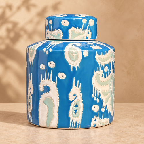 Azure Ikat Hand-Painted Ceramic Jar