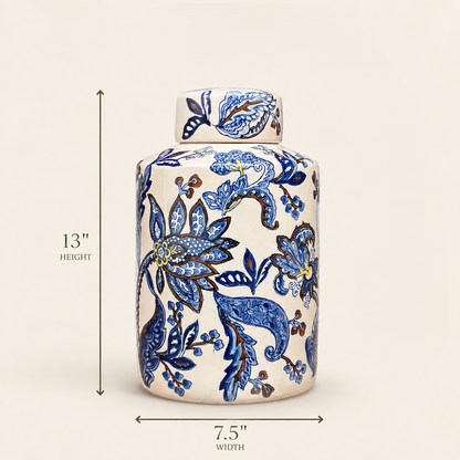 Dimensions of the blue and white ceramic decorative jar measuring 13 inches in height and 7.5 inches in width.