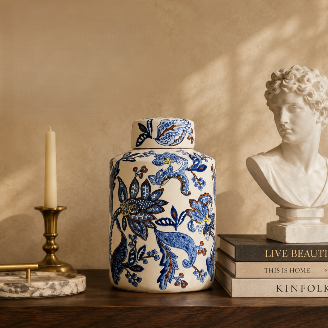 Blue and white ceramic decorative jar styled on a dark walnut console table with books, brass candle holder, and classical bust in a luxury interior.