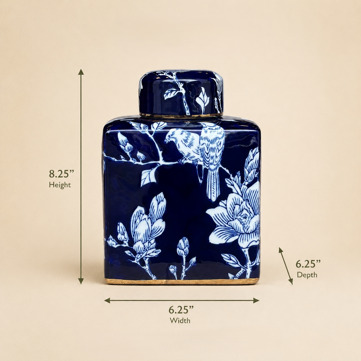 Dimensions of the blue and white hand-painted ceramic ginger jar showing 8.25-inch height and 6.25-inch width and depth.