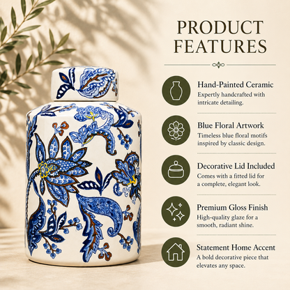 Product features of a hand-painted blue and white ceramic decorative jar highlighting floral artwork, glossy finish, decorative lid, and premium craftsmanship.