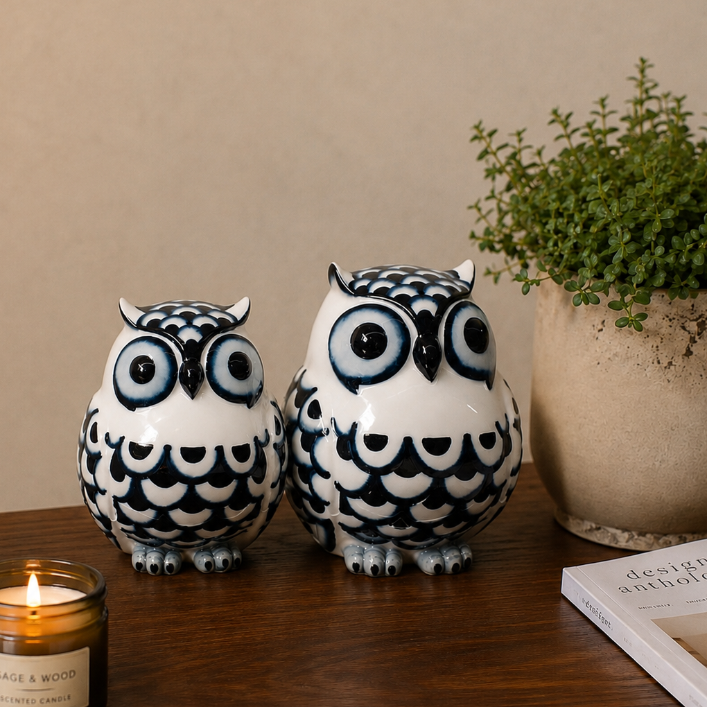 Blue and white ceramic owl figurine set displayed on a premium walnut tabletop beside a scented candle and potted plant, providing a realistic size reference in a luxury home décor setting.