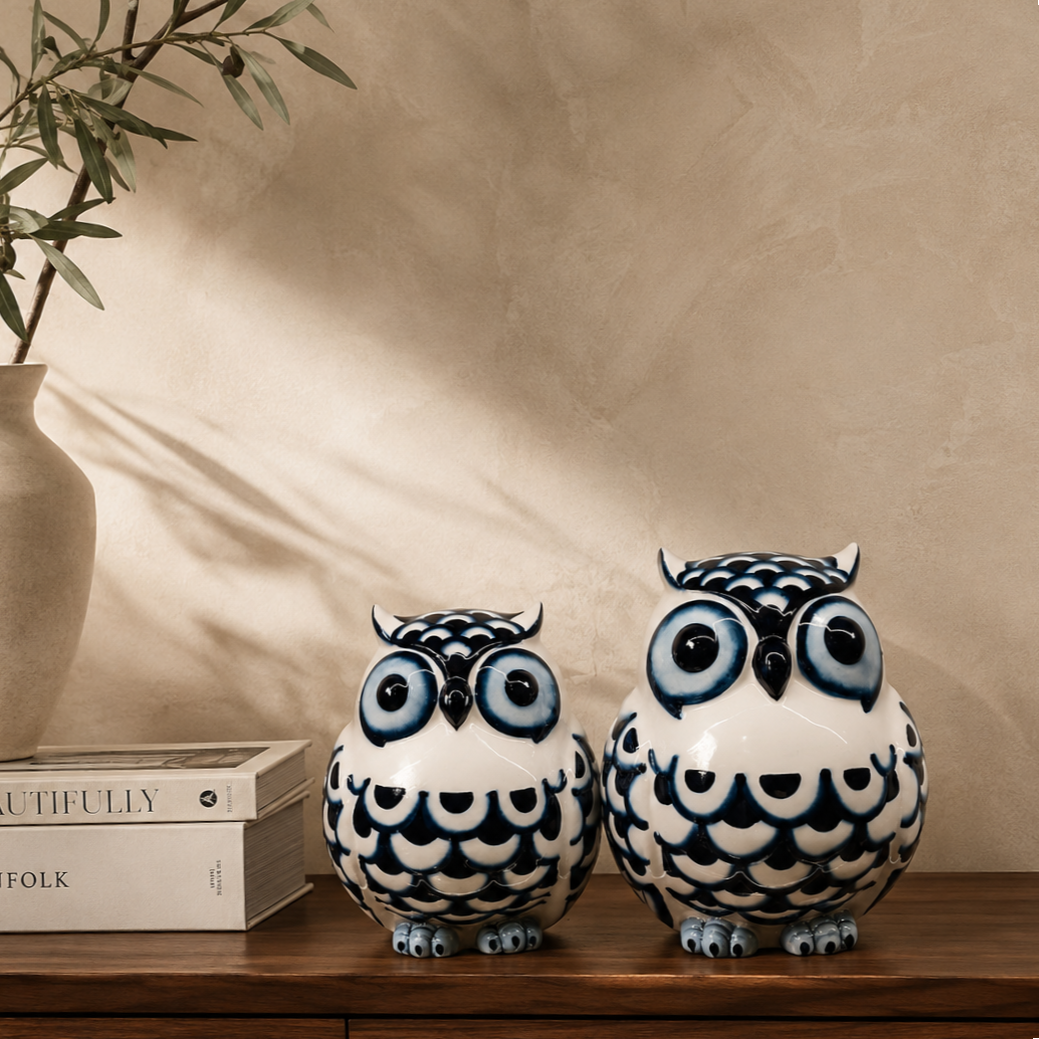 Blue and white ceramic owl figurines displayed on a premium walnut console table with luxury coffee table books, an elegant ceramic vase, and an olive branch against a warm beige Venetian plaster wall. Perfect decorative owl sculptures for sophisticated home décor.