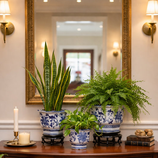 Blue and white ceramic planters with snake plant, fern, and pothos displayed on a wooden console table with a mirror in an elegant living room setting.