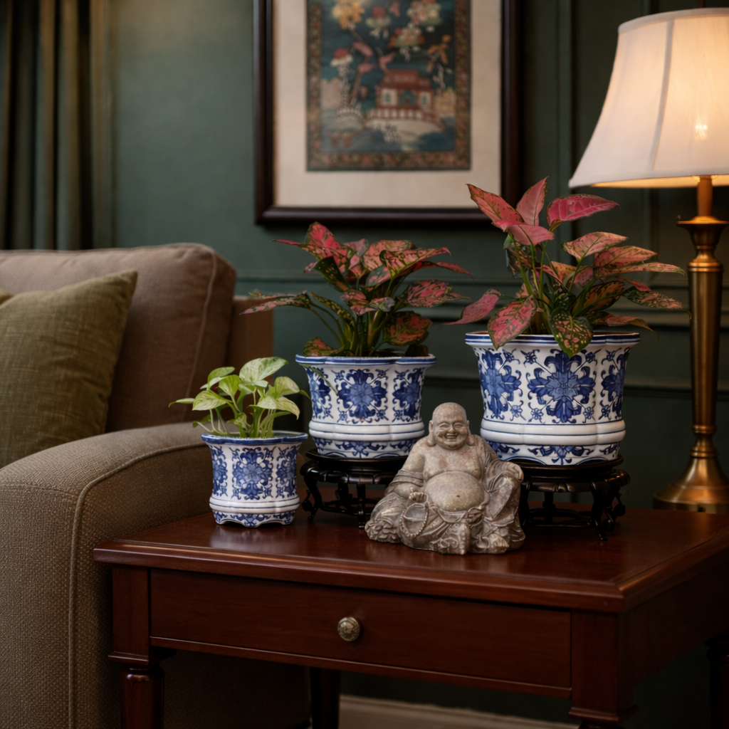 Blue and white hand-painted ceramic planters with pink and green indoor plants arranged on a wooden tabletop with a Buddha statue and warm lamp in a cozy living room setting.