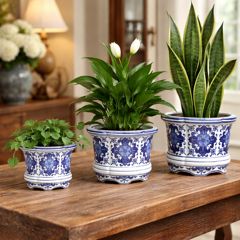 Blue and white hand-painted ceramic floral planters in three sizes displayed on a wooden tabletop with indoor plants.