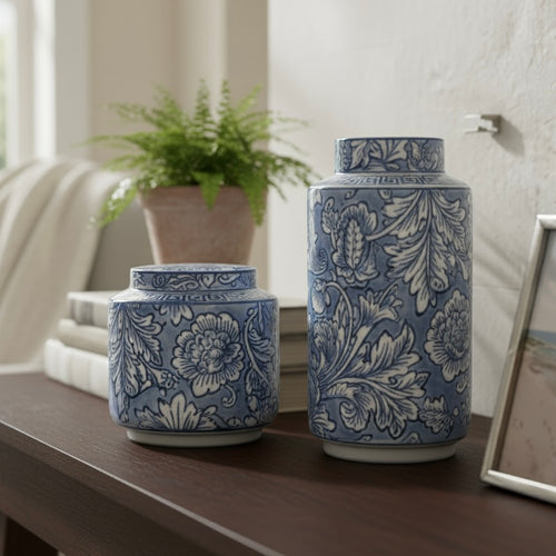 Royal Blue Floral Porcelain Vase – Delicate botanical patterns inspired by timeless European motifs are meticulously painted by artisans | INARA