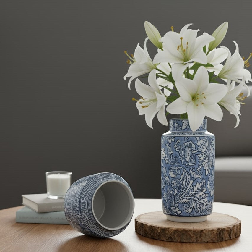 Royal Blue Floral Porcelain Vase – close-up detail view | INARA