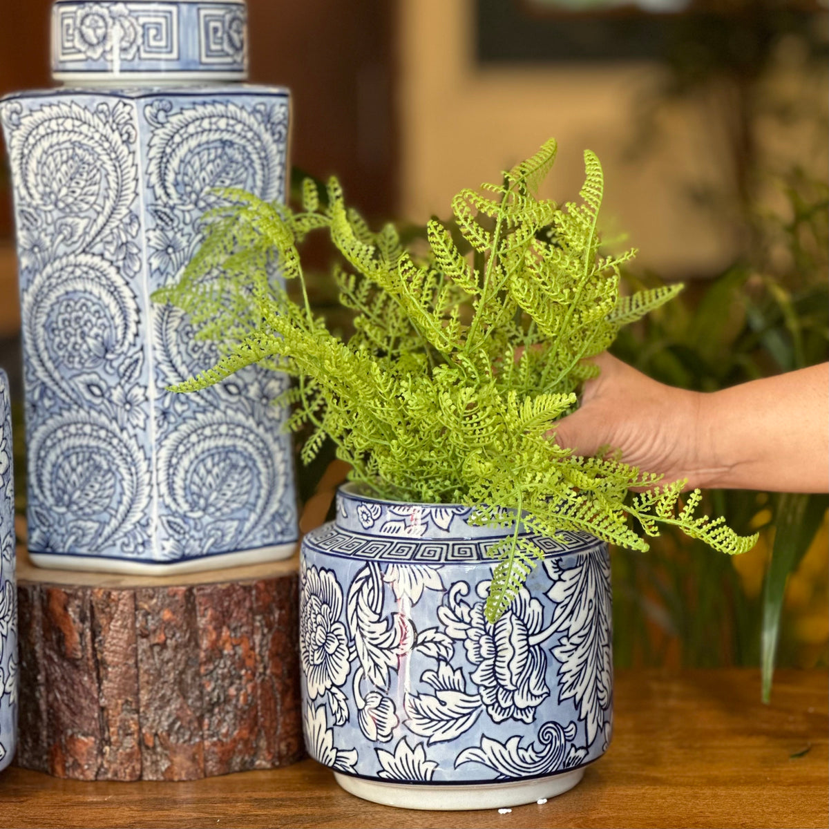 Royal Blue Floral Porcelain Vase – alternate angle | INARA