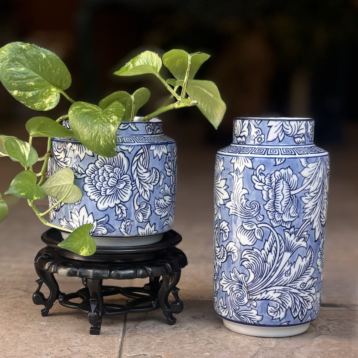 Royal Blue Floral Porcelain Vase – styled display view | INARA
