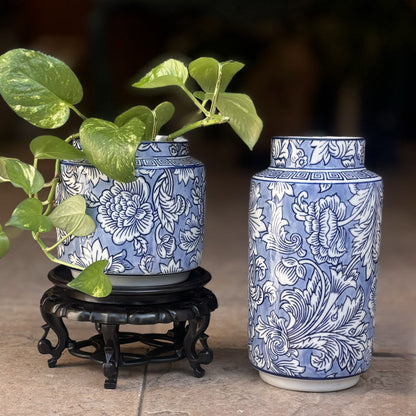 Royal Blue Floral Porcelain Vase – styled display view | INARA