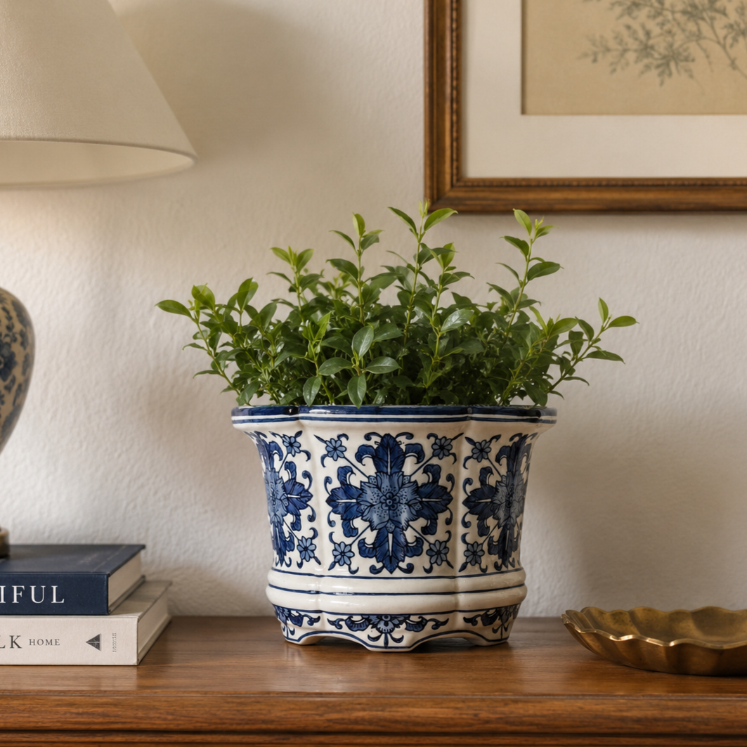 Blue and white ceramic planter styled on a wooden console table against a neutral wall with greenery, books, and elegant home decor accents.