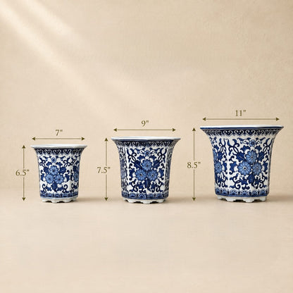 Dimensions guide showing a blue and white hand-painted porcelain planter set in three sizes with measurements: Small 7-inch diameter × 6.5-inch height, Medium 9-inch diameter × 7.5-inch height, and Large 11-inch diameter × 8.5-inch height.