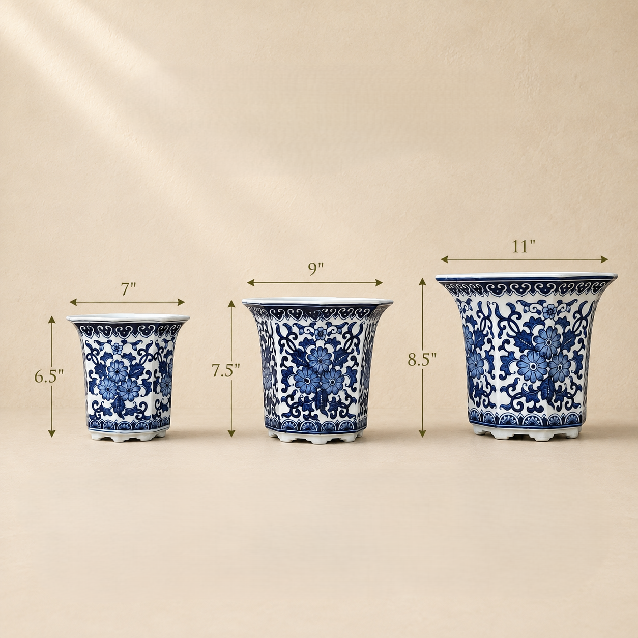 Dimensions guide showing a blue and white hand-painted porcelain planter set in three sizes with measurements: Small 7-inch diameter × 6.5-inch height, Medium 9-inch diameter × 7.5-inch height, and Large 11-inch diameter × 8.5-inch height.