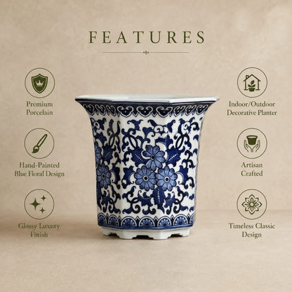 Features infographic of a blue and white hand-painted porcelain planter highlighting premium porcelain, artisan craftsmanship, glossy finish and decorative use.