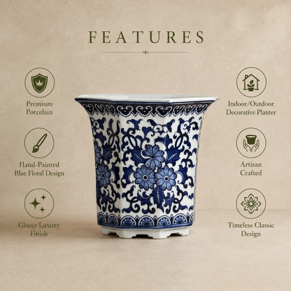 Features infographic of a blue and white hand-painted porcelain planter highlighting premium porcelain, artisan craftsmanship, glossy finish and decorative use.