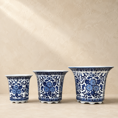 Blue And White Porcelain Octagonal Tall Planter