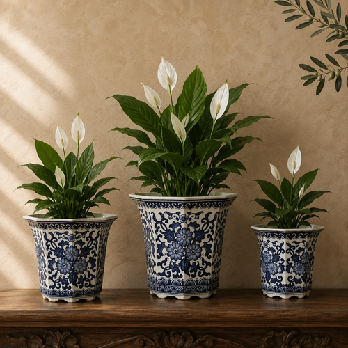 Blue and white hand-painted porcelain planter set displayed with lush Peace Lily plants on a carved wooden console in a luxury home interior.