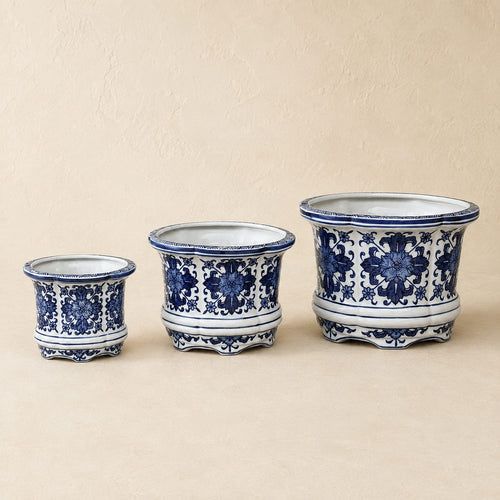 Blue And White Porcelain Floral Round Planter