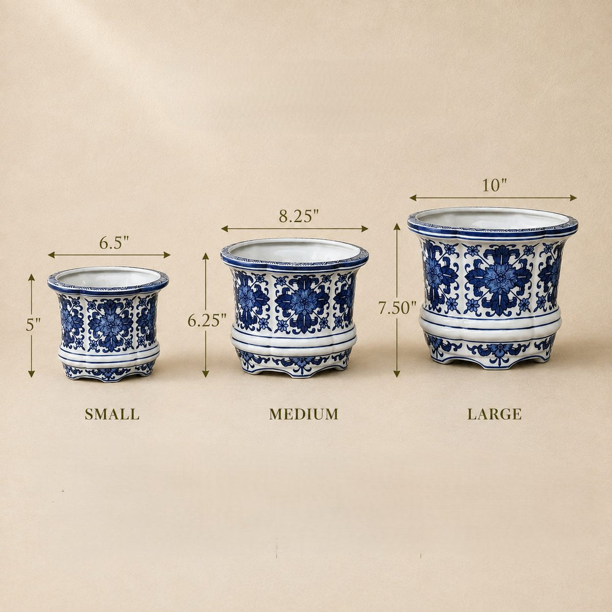 Blue and white porcelain floral planter available in small, medium, and large sizes for elegant indoor and outdoor home décor by Inara Home Decor.