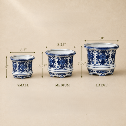 Blue and white porcelain floral planter available in small, medium, and large sizes for elegant indoor and outdoor home décor by Inara Home Decor.