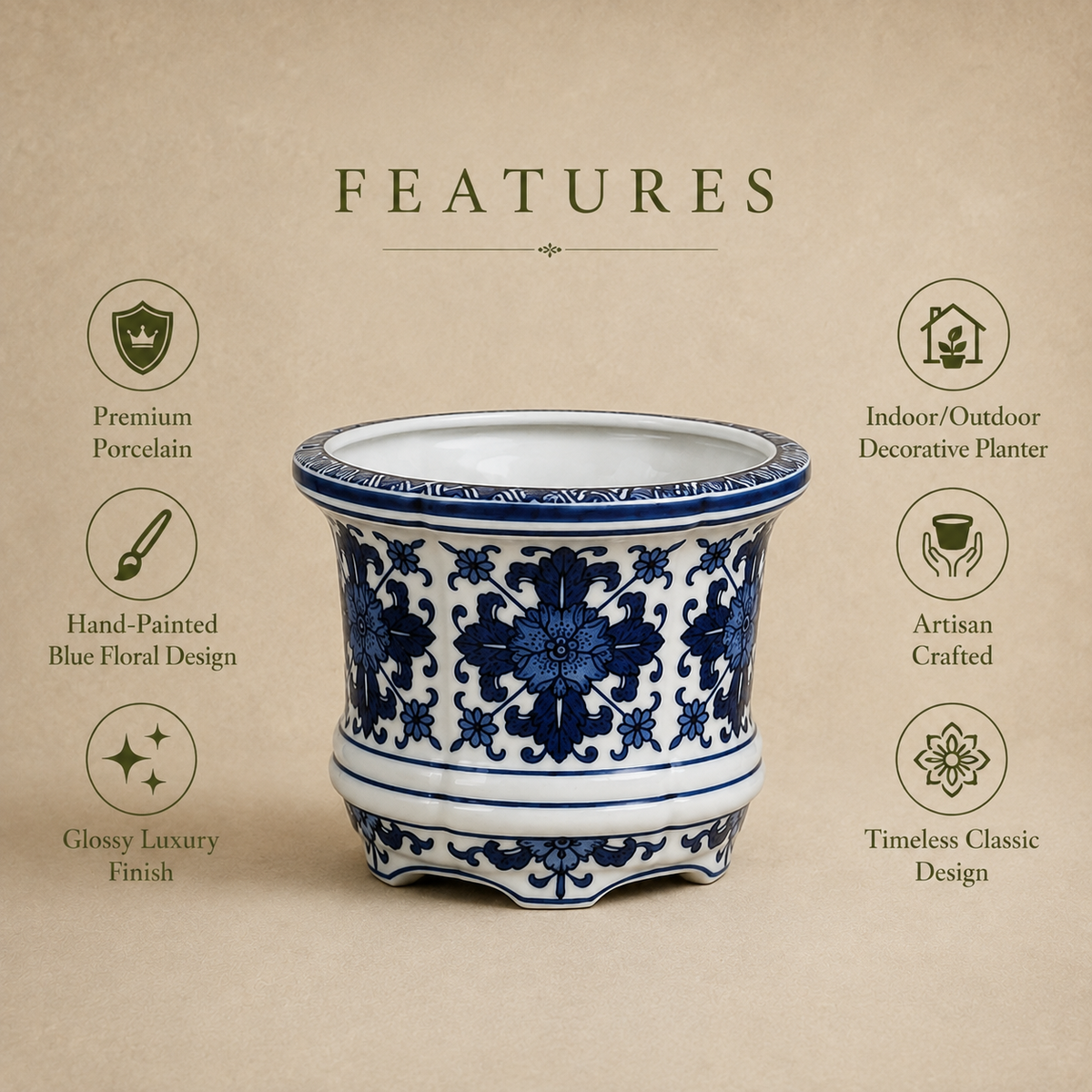 Blue and white hand-painted porcelain floral planter featuring premium porcelain, artisan craftsmanship, glossy finish, and timeless decorative design by Inara Home Decor.