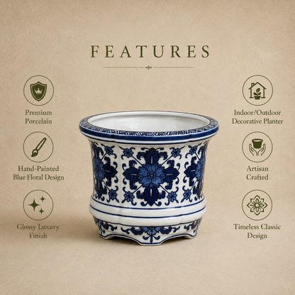 Blue and white hand-painted porcelain floral planter featuring premium porcelain, artisan craftsmanship, glossy finish, and timeless decorative design by Inara Home Decor.