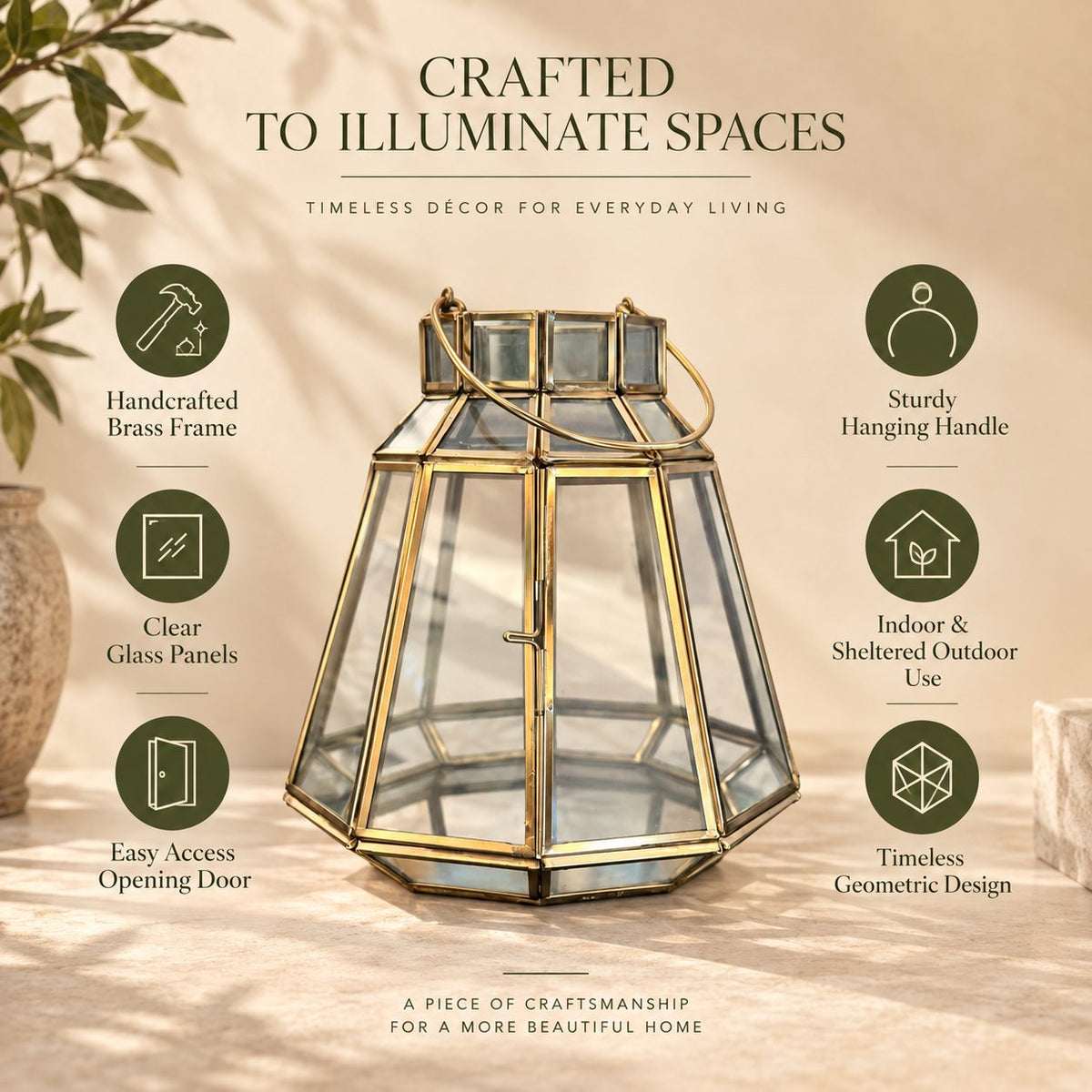 Premium handcrafted brass and clear glass geometric lantern showcasing handcrafted brass frame, sturdy hanging handle, clear glass panels, easy access opening door, indoor and sheltered outdoor use, and timeless geometric design by Inara Home Decor.