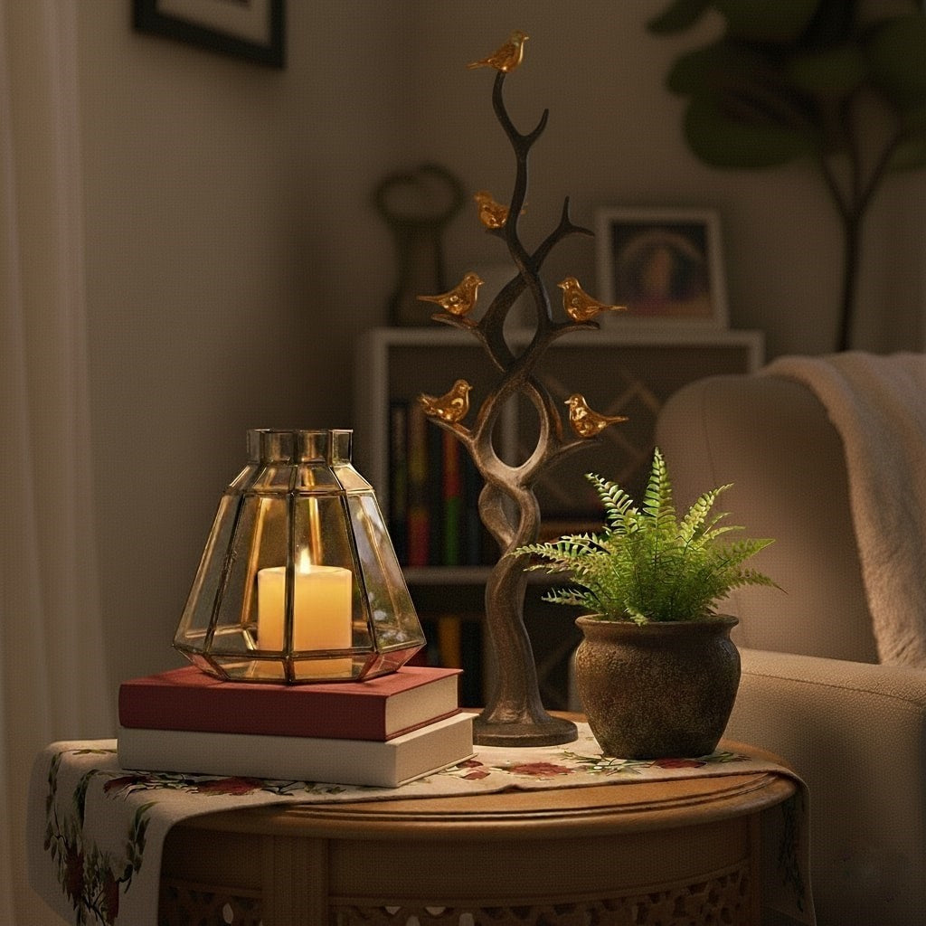 Handcrafted gold glass lantern with brass frame placed on living room table, decorative lantern for candles and festive home décor