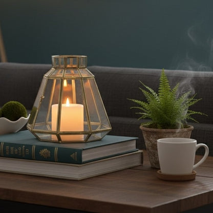 Handcrafted gold glass lantern with brass frame and candle placed on coffee table, decorative lantern for modern home décor
