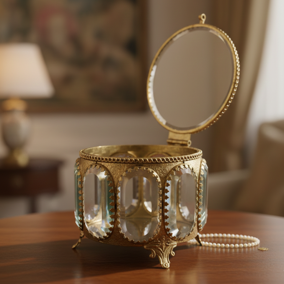 Handmade brass round ornamental jewellery box with glass panels and vintage detailing placed on wooden table.