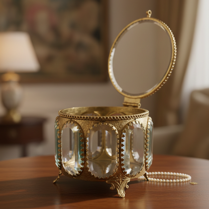 Handmade brass round ornamental jewellery box with glass panels and vintage detailing placed on wooden table.
