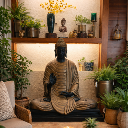 Bronze Buddha statue seated in a serene living room setting with indoor plants, wooden shelving, warm lighting, and styled coffee table décor creating a calm meditation corner.