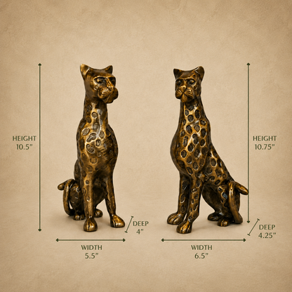 Bronze leopard sculpture set with dimensions, featuring two handcrafted antique-finish leopard figurines measuring 10.5" and 10.75" tall on a warm beige background by Inara Home Decor.