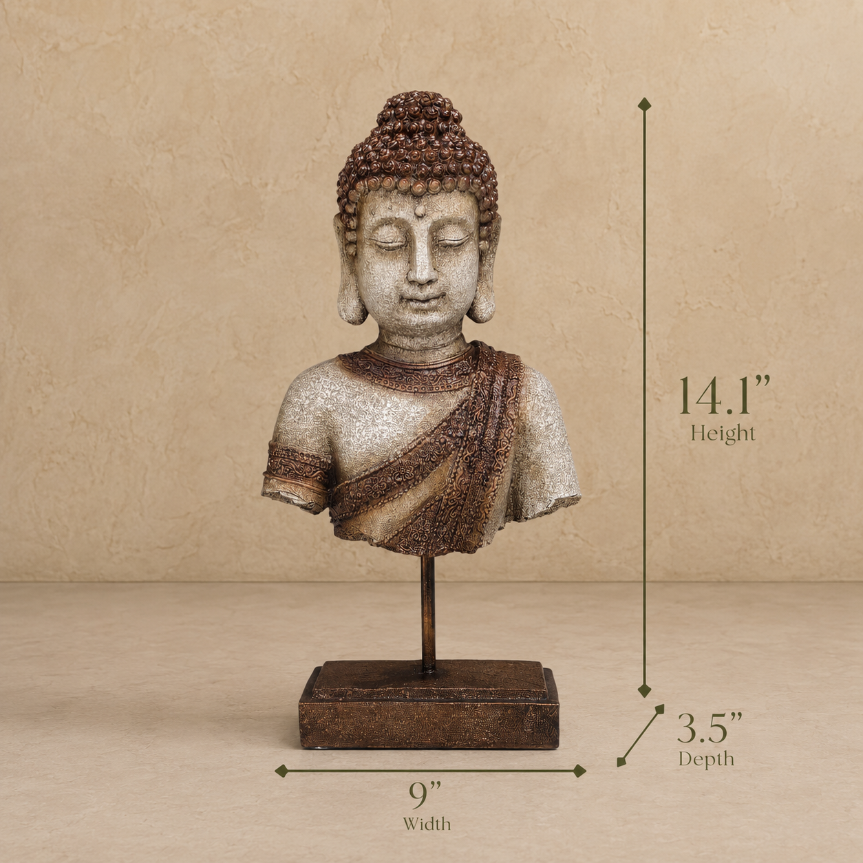 Dimension guide for antique Buddha bust sculpture showing 14.1-inch height, 9-inch width, and 3.5-inch depth for luxury home décor.