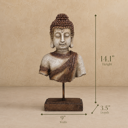 Dimension guide for antique Buddha bust sculpture showing 14.1-inch height, 9-inch width, and 3.5-inch depth for luxury home décor.