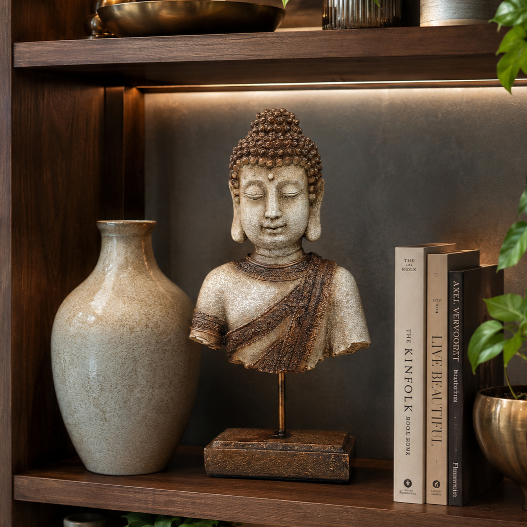 Antique Buddha bust sculpture styled on a luxury dark walnut bookshelf with decorative vase and books in a modern home office.