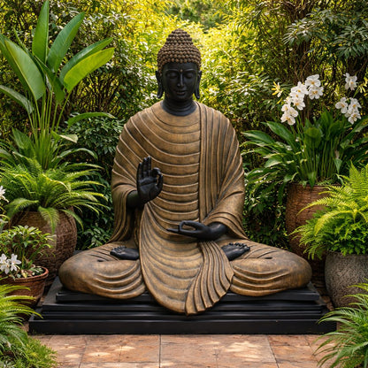 Large bronze Buddha statue seated in meditation pose placed outdoors in a lush garden setting surrounded by green plants and white orchids, square lifestyle image.