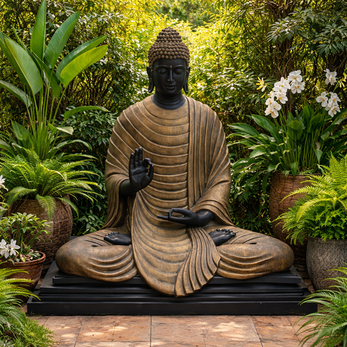 Large bronze Buddha statue seated in meditation pose placed outdoors in a lush garden setting surrounded by green plants and white orchids, square lifestyle image.