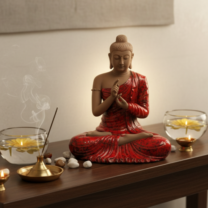 Red ceramic Buddha figurine on a dark wood table featuring a burning incense stick, small brass bowls, and yellow floating lotus flowers in glass basins.