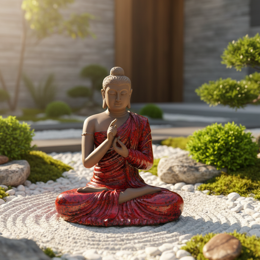 A red ceramic Buddha statue centered in a traditional Japanese rock garden with raked white sand, green moss patches, and bonsai trees under soft sunlight.