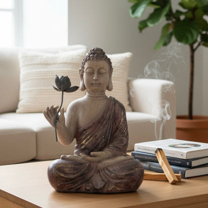 Meditating Buddha statue placed on a light wood table next to burning Palo Santo sticks and a stack of books, creating a peaceful atmosphere in a bright room.