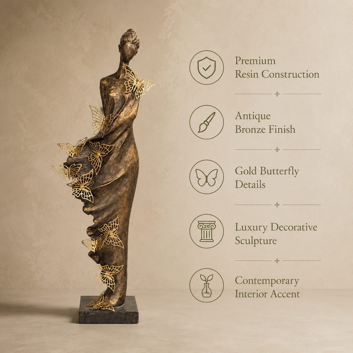 Feature infographic of the Butterfly Lady decorative sculpture highlighting premium resin construction, antique bronze finish, and gold butterfly details.