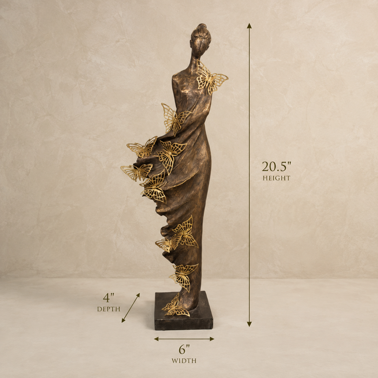Size guide showing the Butterfly Lady decorative sculpture with dimensions of 20.5-inch height, 6-inch width, and 4-inch depth.