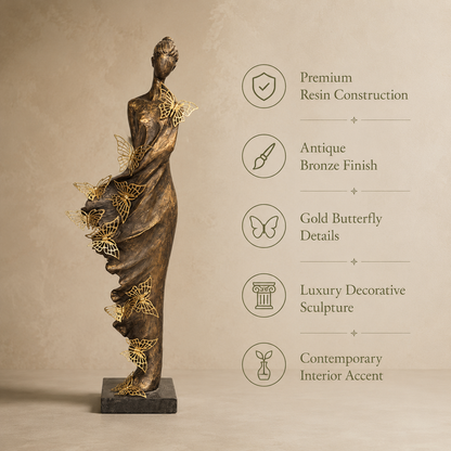 Feature infographic of the Butterfly Lady decorative sculpture highlighting premium resin construction, antique bronze finish, and gold butterfly details.