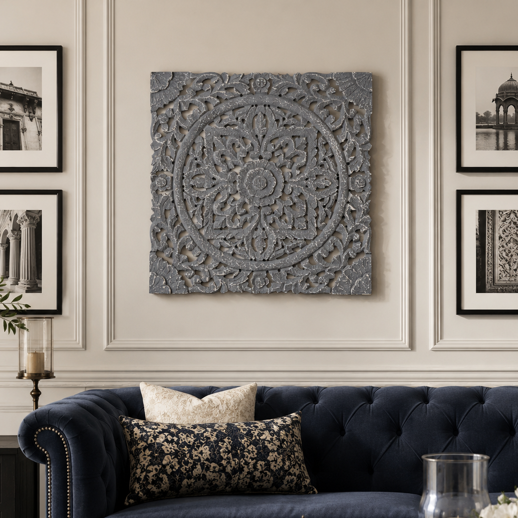 Carved Wooden Square Panel – Expertly carved on a square wooden panel, this statement wall décor showcases captivating grey circular motifs | INARA