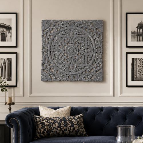 Carved Wooden Square Panel – Expertly carved on a square wooden panel, this statement wall décor showcases captivating grey circular motifs | INARA